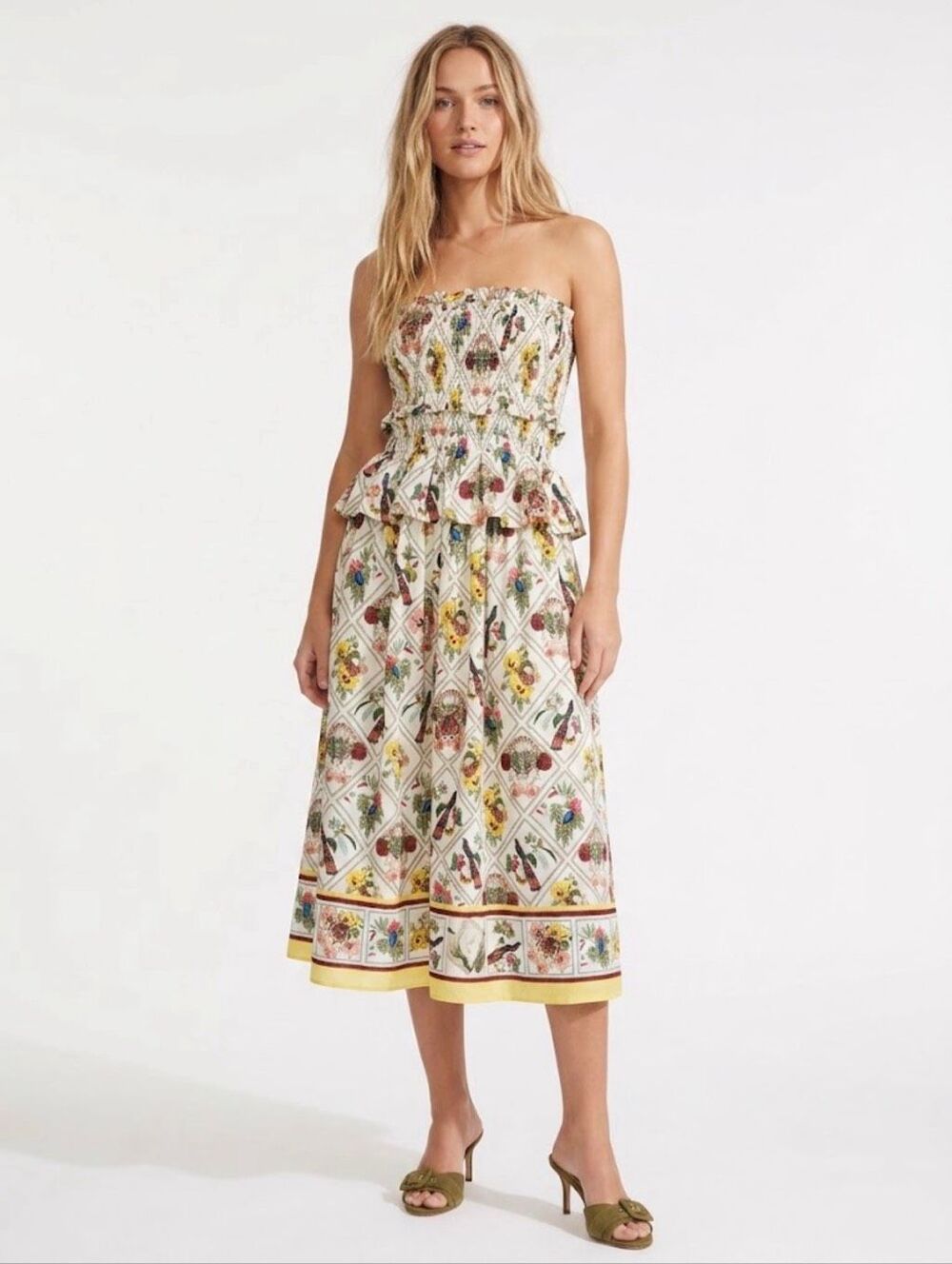Anthropologie Tropical Tiger Bird Smocked Peplum Strapless Boho Midi Dress Small